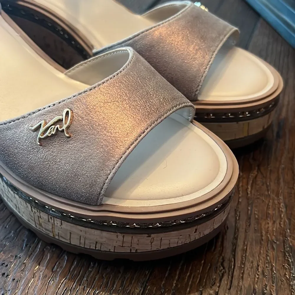 Karl Lagerfeld Metallic Rose Gold Cork Platform Sandals